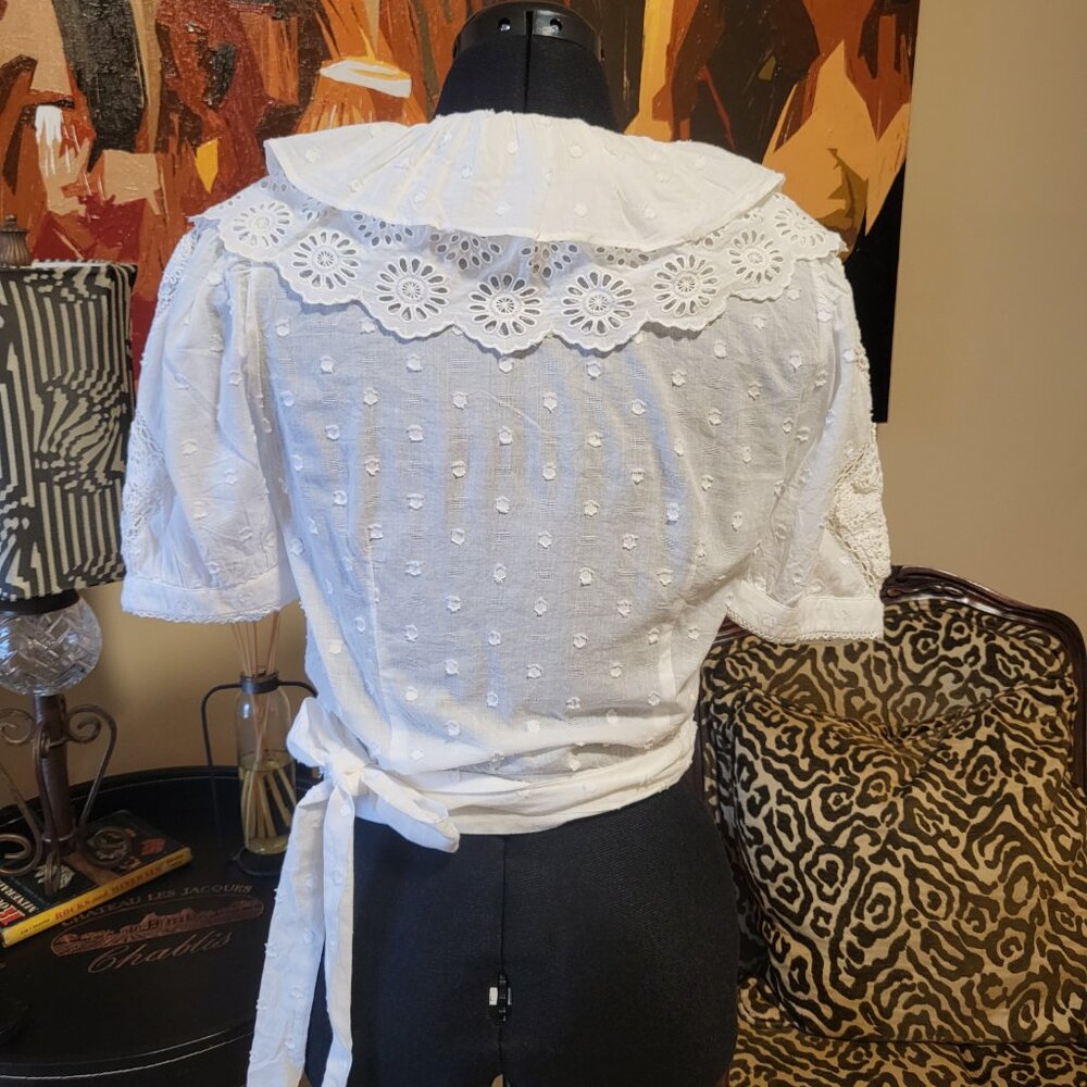 Anthropologie White Lace Wrap Top - Picture 5 of 9